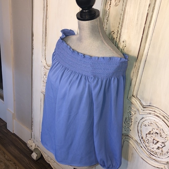 Ann Taylor Petite Sky Blue Smocked Neckline Off Shoulder Long Sleeve Blouse S/MP - Picture 3 of 9